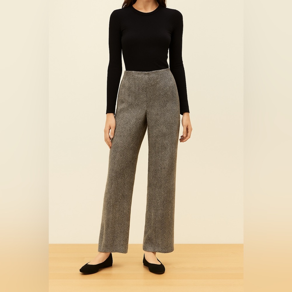 Kate Hill Charcoal and white herringbone Wool Blend Wide Leg High Waisted Pants